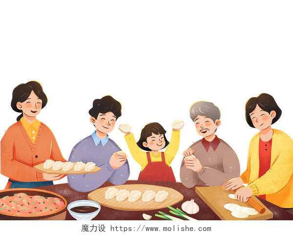 彩色手绘卡通人物一家人包饺子冬至元素PNG素材